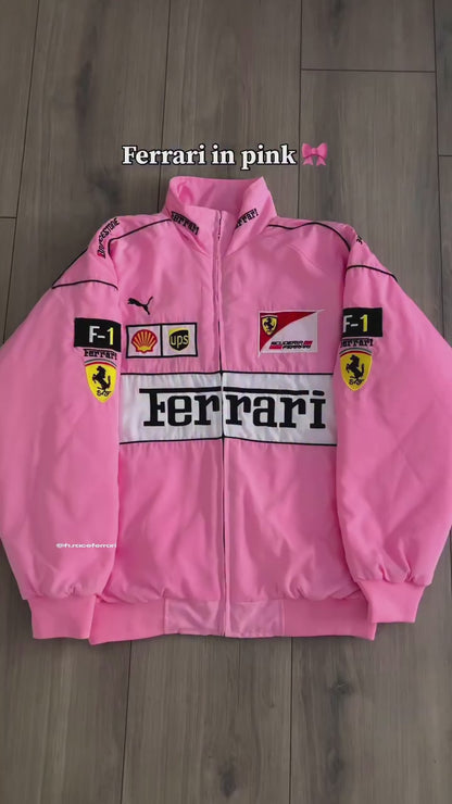 Pink Ferrari Racing Jacket – Premium F1 Motorsport Streetwear Bomber Jacket